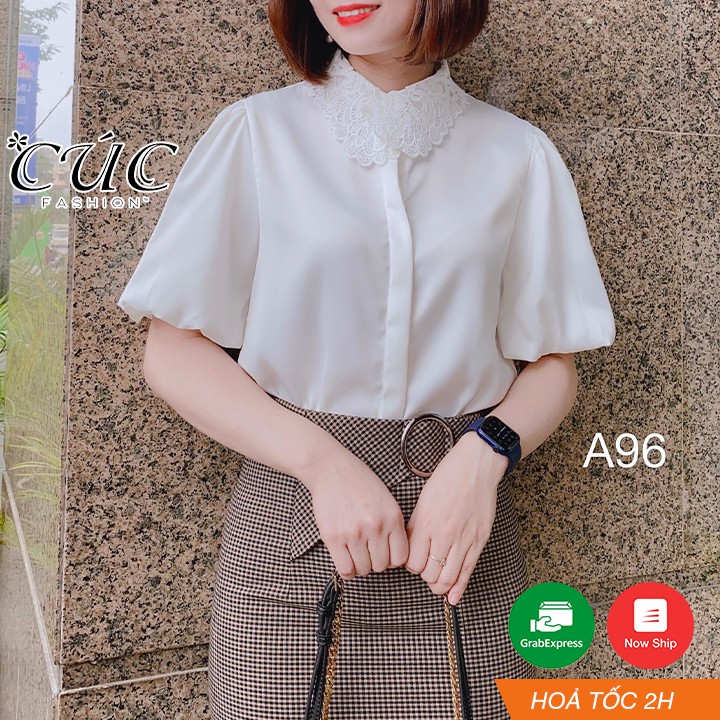 Áo sơ mi nữ công sở cao cấp,thời trang thiết kế Cúc Fashion A96 áo somi cổ ren tay bồng