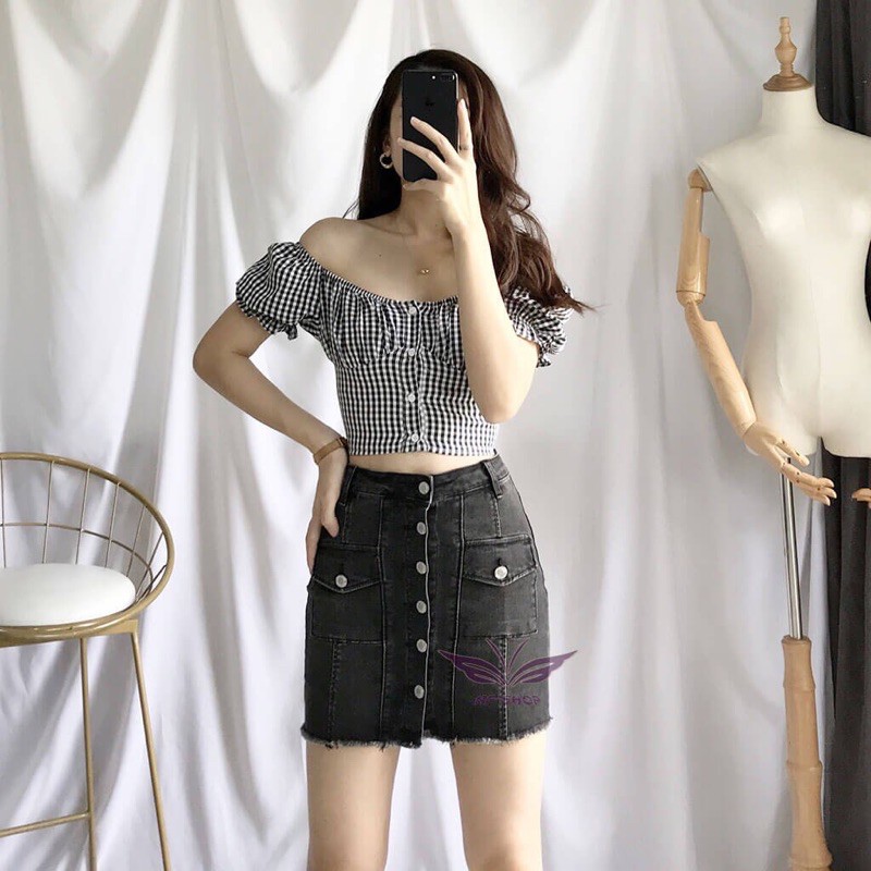 Chân váy jean nữ ngắn nhiều nút dáng ôm chất co giãn cạp cao NPCV006
