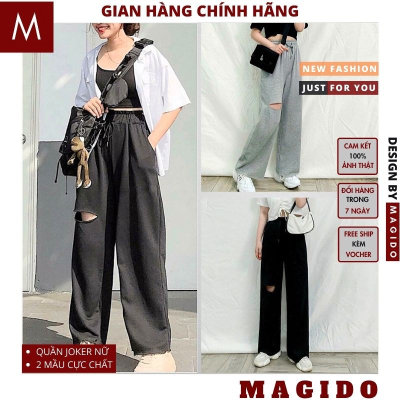 Quần Nỉ Ống Rộng Rách Gối ĐEN dành cho nam nữ 💚Quần Baggy Cạp Cao Thun Dài Rách Đùi Unisex Siêu Hot , boom, joker MAGID