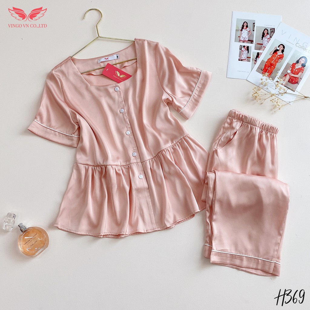 Đồ bộ nữ mặc nhà pijama nữ lụa Pháp mùa Hè mát VINGO áo tay cộc cổ vuông dáng babydoll và quần lửng thanh lịch H369 VNGO