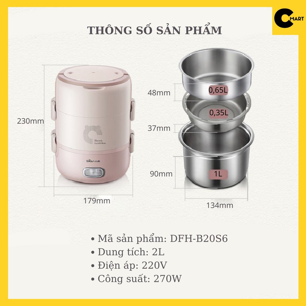 Hộp cơm cắm điện Bear DFH-B20S6 giữ nhiệt, nấu chín và hâm nóng thức ăn