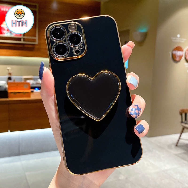 Ốp Điện Thoại Silicon Dẻo Tráng Gương Kèm Giá Đỡ Hình Trái Tim Sang Trọng Cho iPhone 13 12 Pro Max 11 Pro XS Max X XR 7 8