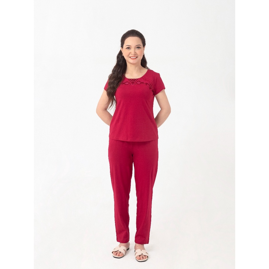 Bộ đồ mặc nhà trung niên WINNY, Set đồ ngủ chất liệu cotton mềm mại co giãn 4 chiều, kiểu trơn họa tiết hoa trước ngực