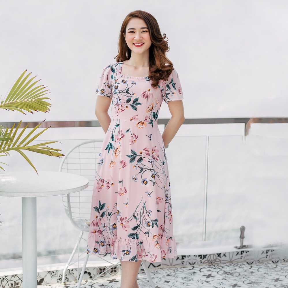 Đầm maxi hoa thiết kế trung niên, dạo phố mẫu hè 2022 - Cổ vuông tay ngắn - Hồng hoa - TTV885 TTV Store
