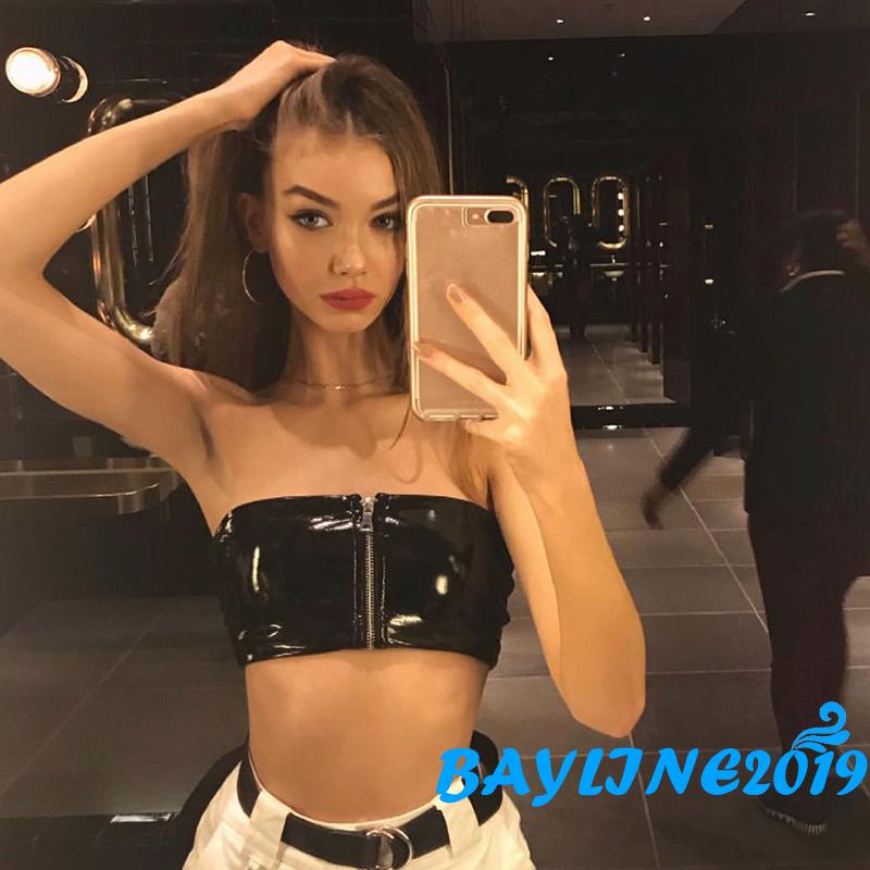 Áo Ống Bằng Da PU Màu Trơn Phối Khóa Kéo Quyến Rũ Cho Nữ