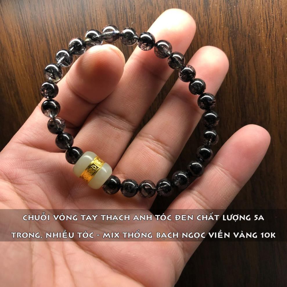 [VIP 5A - Trong, Dày Tóc] Chuỗi Vòng T.A Tóc Đen Phong Thủy Mạng THỦY và MỘC size 6mm Charm Lu Thống Bạch Ngọc