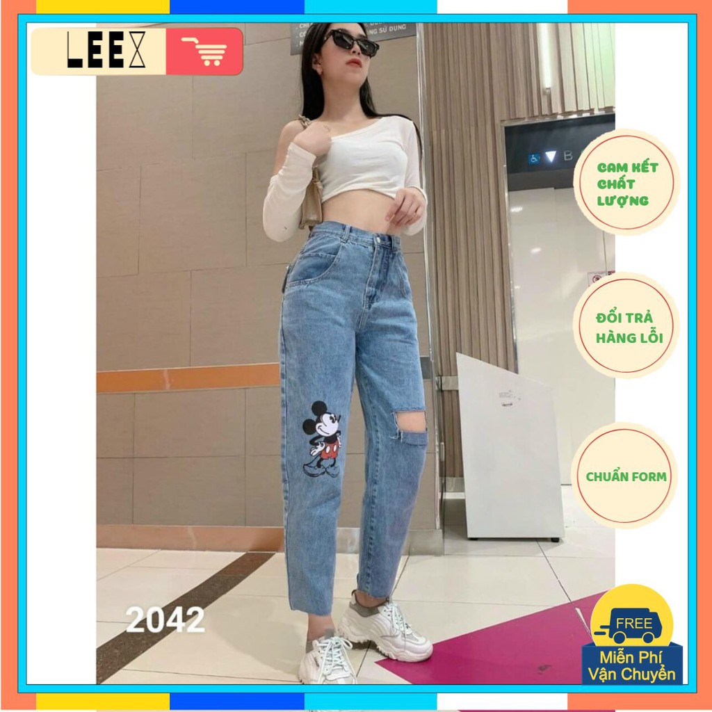 Quần baggy jean mickey rách gối nữ
