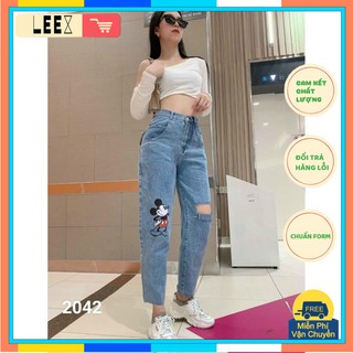 Quần baggy jean mickey rách gối nữ
