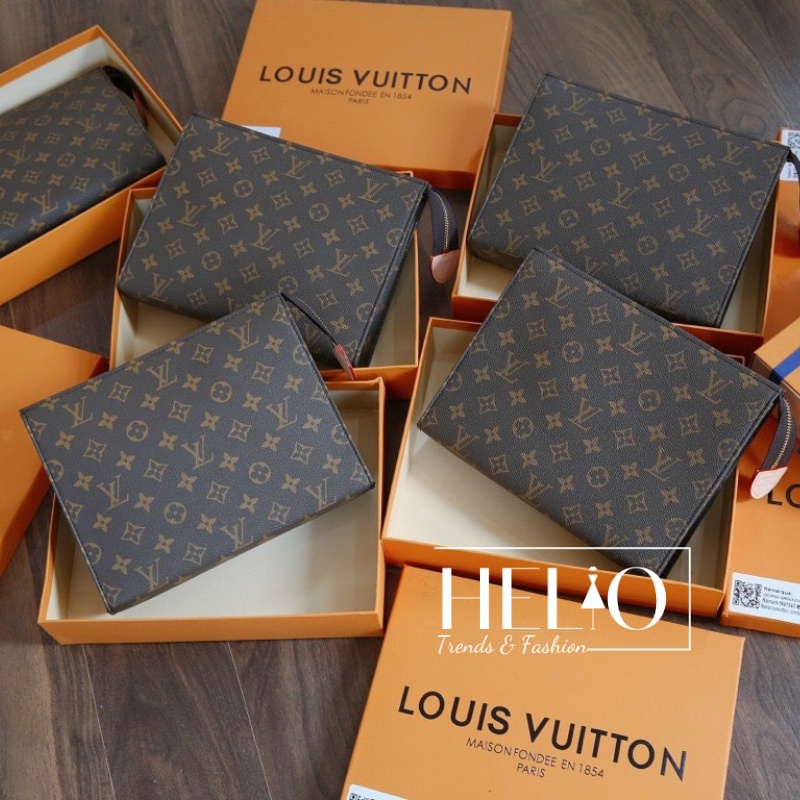 (Fullbox) Ví cầm tay Clutch LV chất da đẹp họa tiết LV _ Nâu _ HE201