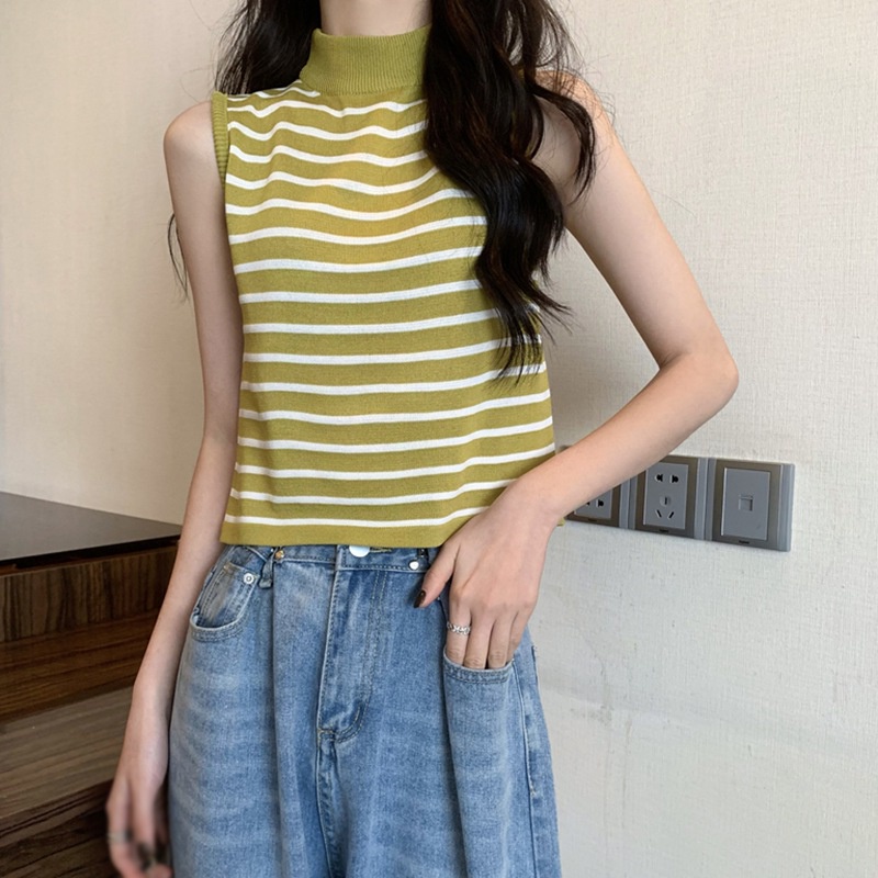 Áo Lửng Hai Dây Dệt Kim Kẻ Sọc Phong Cách Hàn Quốc Cho Nữ