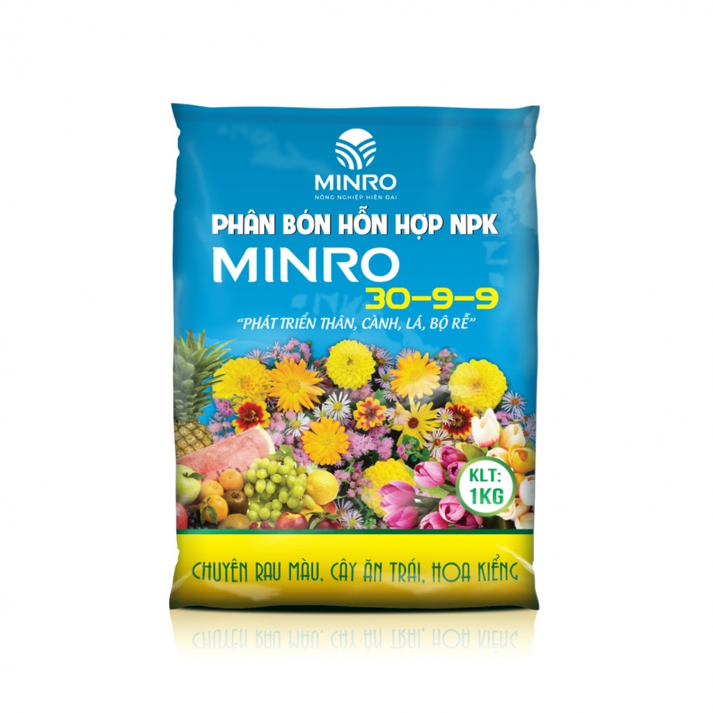 Phân Bón hỗn hợp NPK MINRO 30-9-9 Túi 1kg, Phát Triển Thân, Lá, Cành, Bộ Rễ. Sản phẩm toàn diện cho cây kiểng Gói 1kg