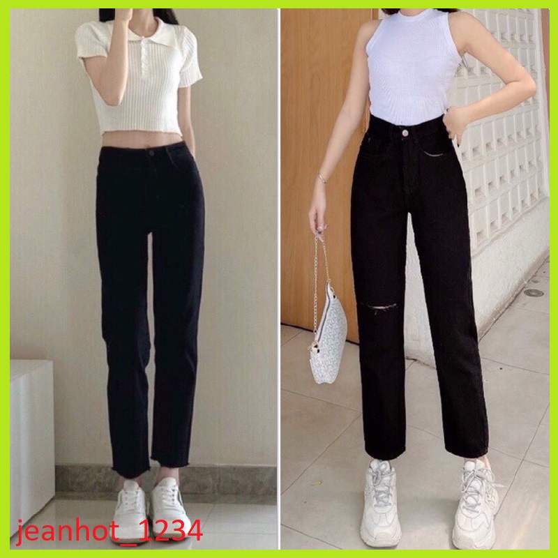 Quần bò jean ống đứng nữ co giãn 4 chiều loe suông rộng xuông jeans cạp cao Hottrend 2022