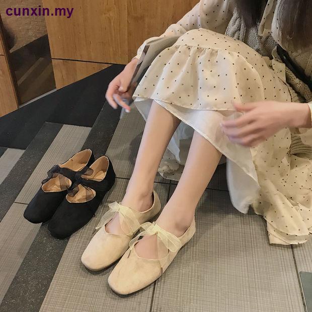 Giày búp bê mũi vuông thắt nơ ruy băng thời trang mới 2021 cho nữ