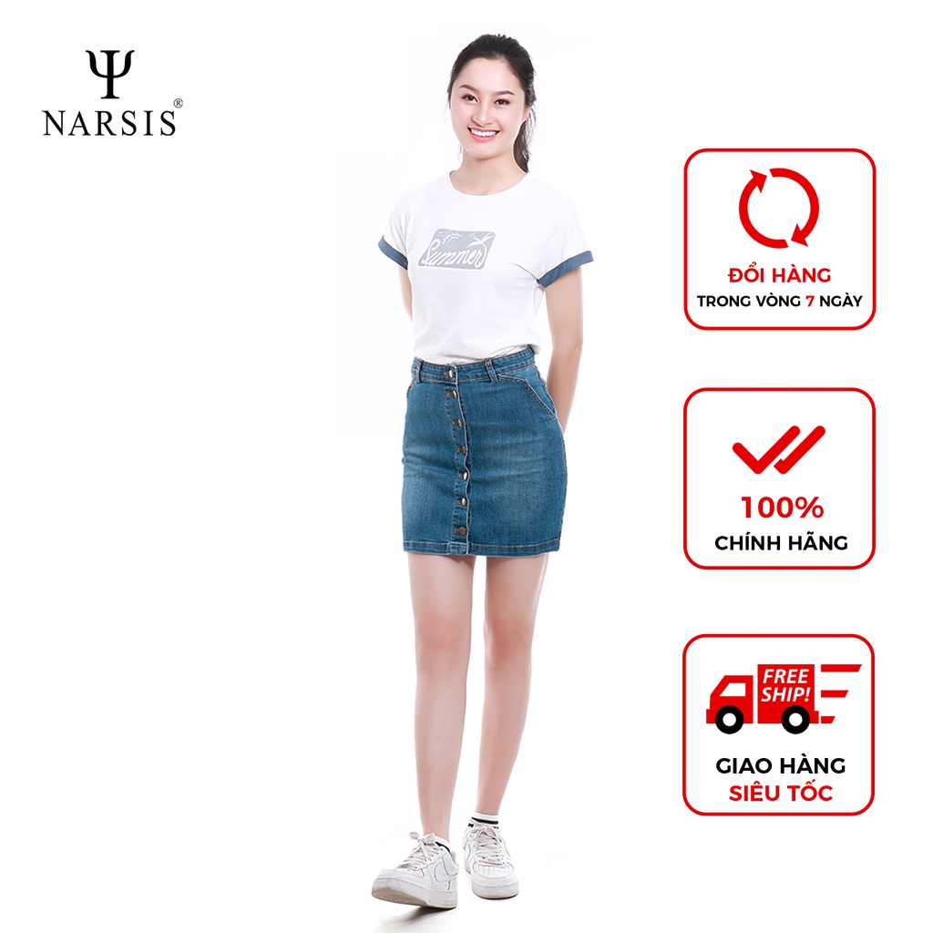 Chân váy bò nữ Narsis B7012 xước xanh cúc đồng, thiết kế trẻ trung