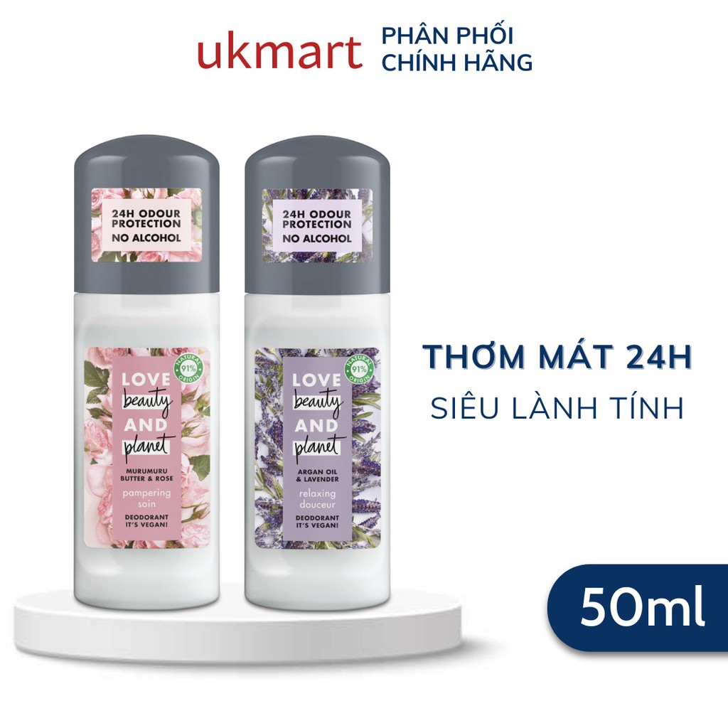 Lăn Khử Mùi Love Beauty and Planet Vegan Deodorant Roller Coconut Water And Mimosa Flower Butter &amp; Rose 50ml