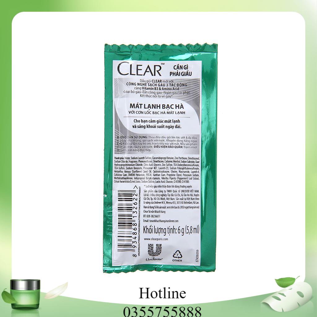 Combo 6 Dây Dầu Gội Sạch Gàu Clear Mát Lạnh Bạc Hà 6g ( 72 Gói )