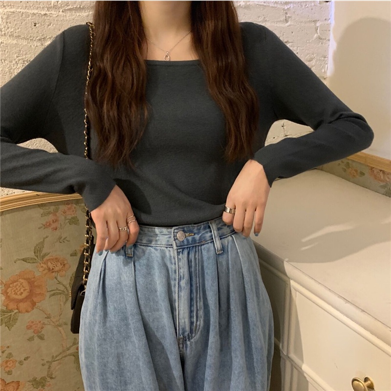 NZN Áo thun dệt kim cổ vuông màu trơn thời trang cho nữ