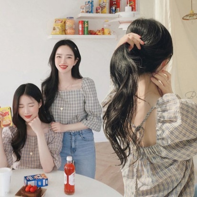 Áo kiểu phối sọc caro phong cách thời trang Hong Kong cá tính cho phái nữ | BigBuy360 - bigbuy360.vn