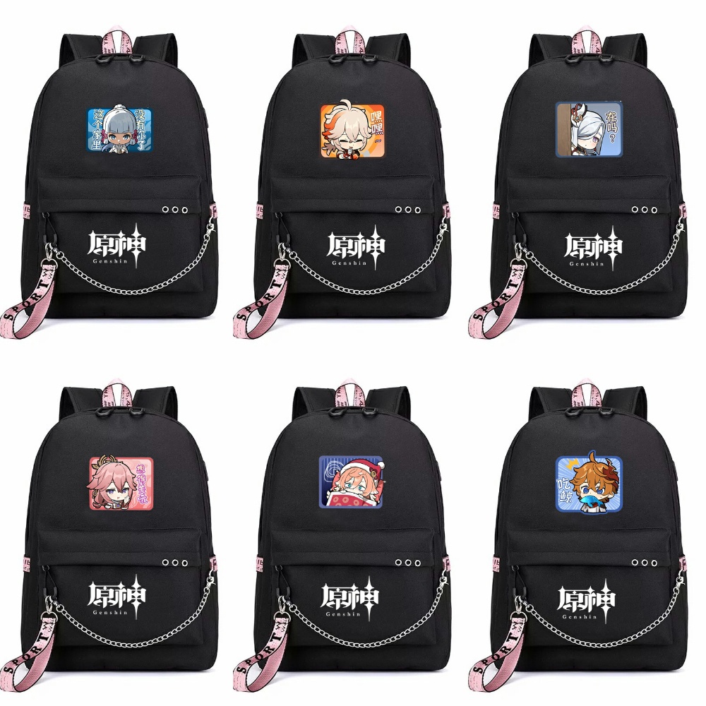 Balo thông minh đen in hình GENSHIN IMPACT ver CHỮ NHẬT anime chibi cặp sách đi học