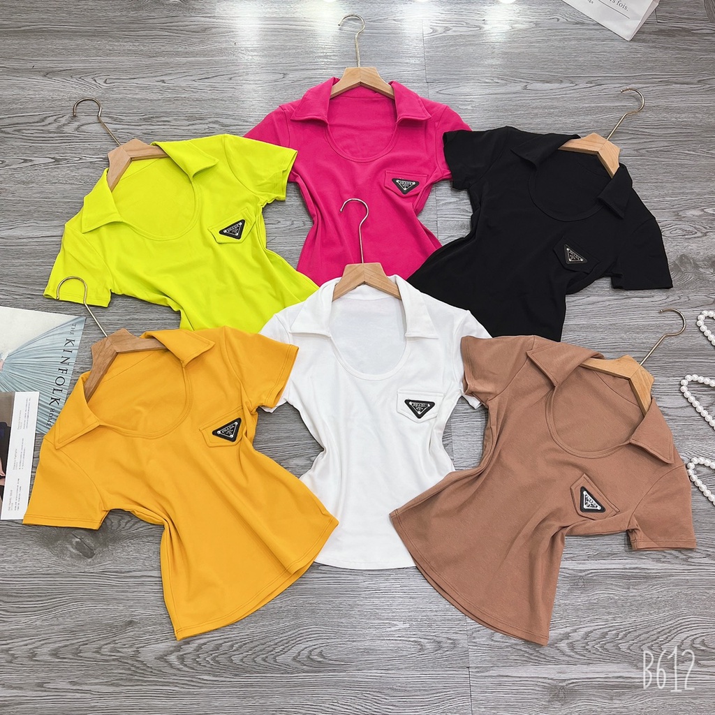 Áo body nữ kiểu cổ bẻ cổ U Phối Lô Gô