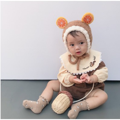 Mũ Lông Cừu Buộc Dây Hình Trái Cây Đáng Yêu Cho Bé