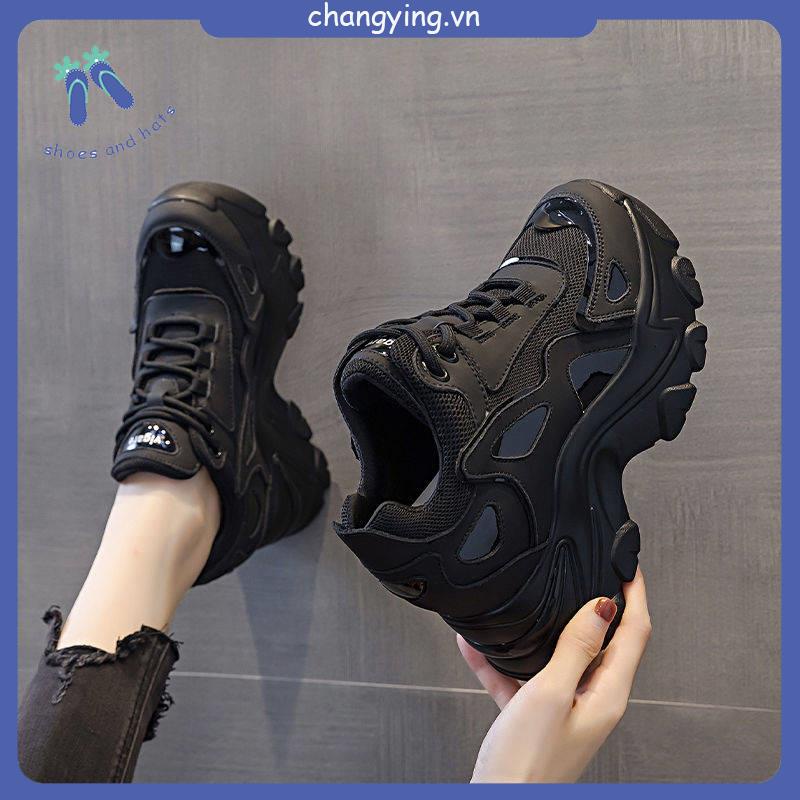 Dép nữ Giày Thể Thao Màu Đen Tăng Chiều Cao Phong Cách Thời Trang Mùa Thu