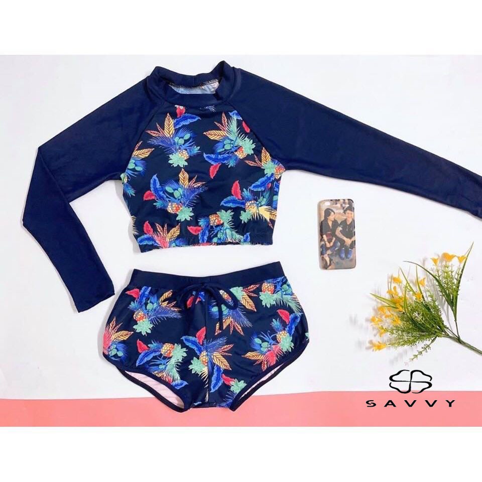 Đô Bơi Nữ, Bikini Hai Mảnh Đẹp Họa Tiết Hoa Dài Tay - Quần Short Kín Đáo (HÌNH THẬT)