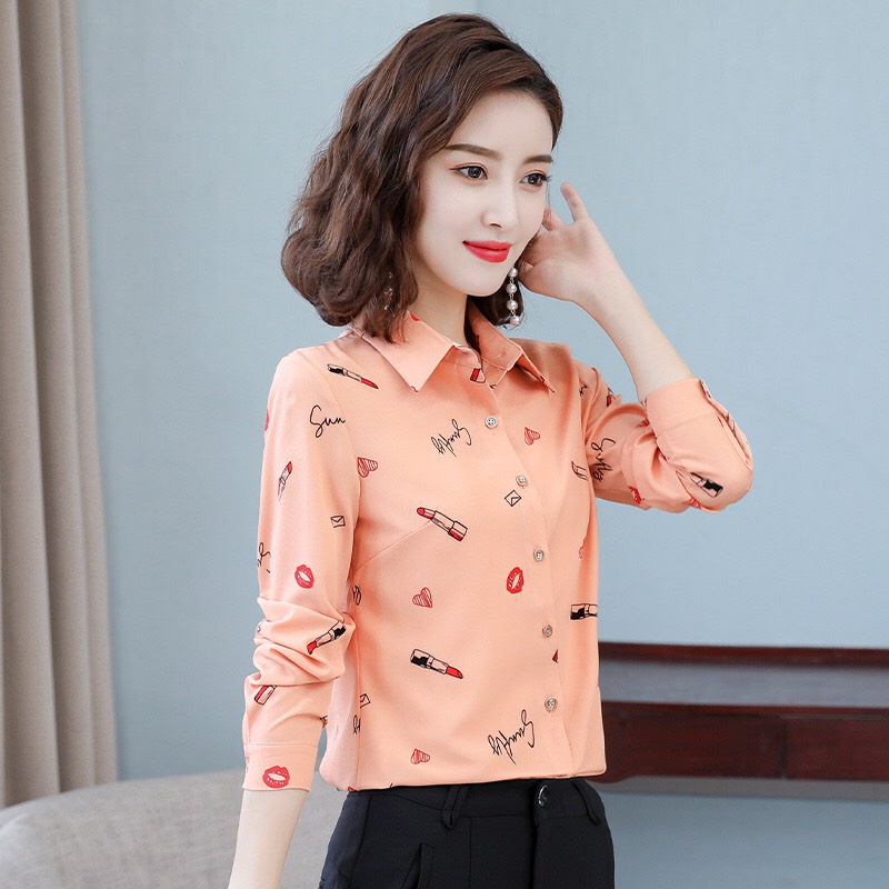 Áo Sơ Mi Công Sở Nữ Tay Dài Họa Tiết Son Môi Sang Trọng Chất Liệu Cao Cấp, Không Nhăn, Không Xù, Không Phai Màu