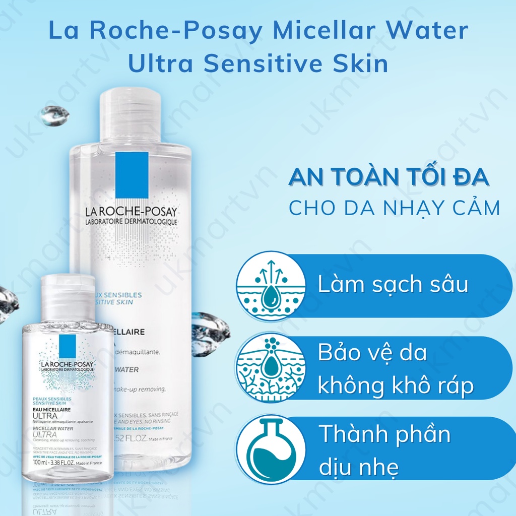 Nước làm sạch sâu và tẩy trang cho da nhạy cảm La Roche-Posay Micellar Water Ultra Sensitive Skin 100ml