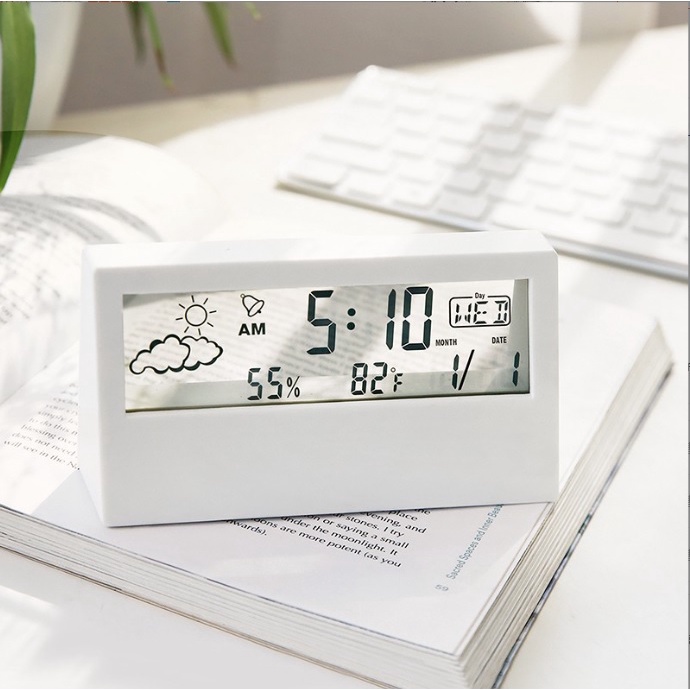 Đồng hồ LCD đồng hồ kỹ thuật số sáng tạo đồng hồ điện tử thời tiết đa chức năng với nhiệt độ và độ ẩm - DHB017