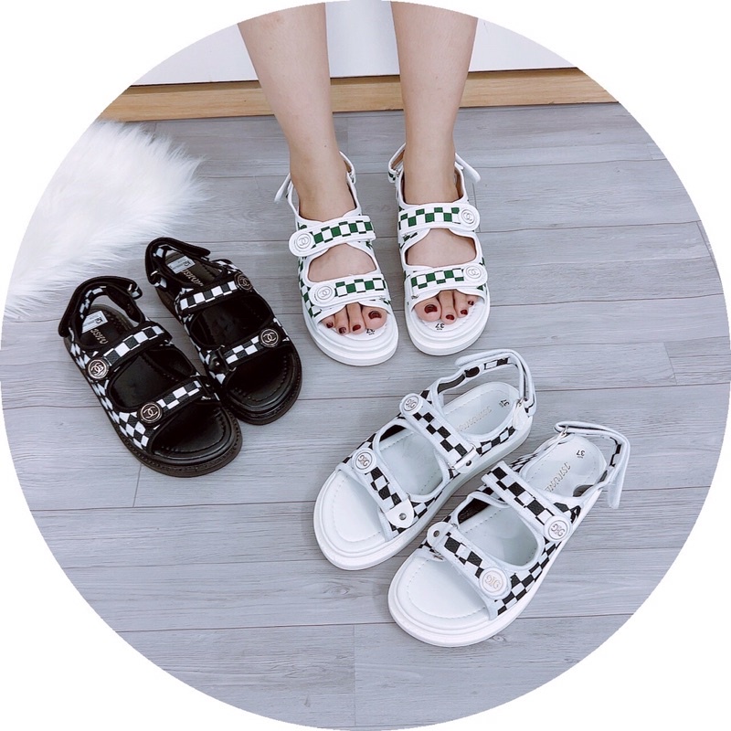 Giày sandal học sinh hai quai ngang caro đế cao 2cm