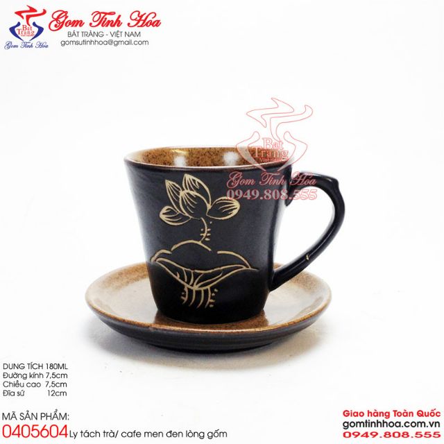 Ly tách trà cafe men đen lòng gốm khắc hoa sen