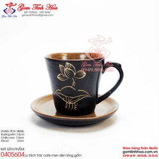Ly tách trà cafe men đen lòng gốm khắc hoa sen