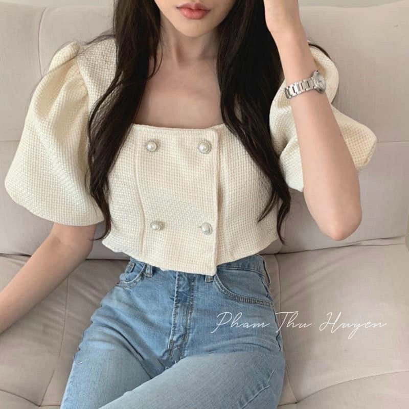 Áo vải dạ tweed croptop tay ngắn, áo croptop vải bố cổ U 4 nút tay phồng - S0U