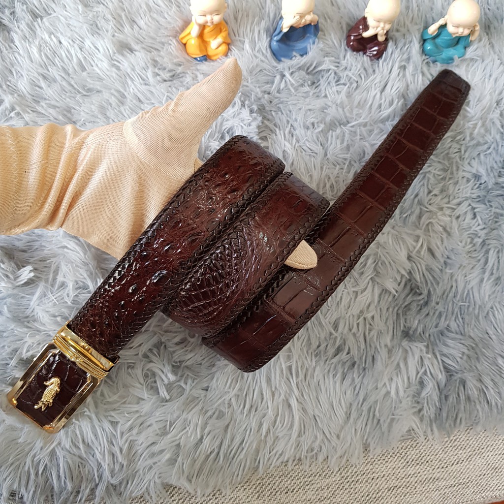 Dây Lưng Cá Sấu Đan Viền Thủ Công 4.0cm I Dây Lưng Da Cá Sấu Đan Viền Da Bụng Liền Nguyên Con, Màu Nâu I Bảo Hành 24 Thá