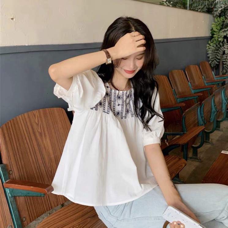 Áo babydoll tiểu thư thêu hoạ tiết kaca NH000101 hihishophaha