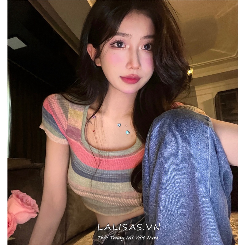 LALISAS Áo Thun Dệt Kim Cổ Vuông Họa Tiết Kẻ Sọc Thời Trang Hàn Quốc