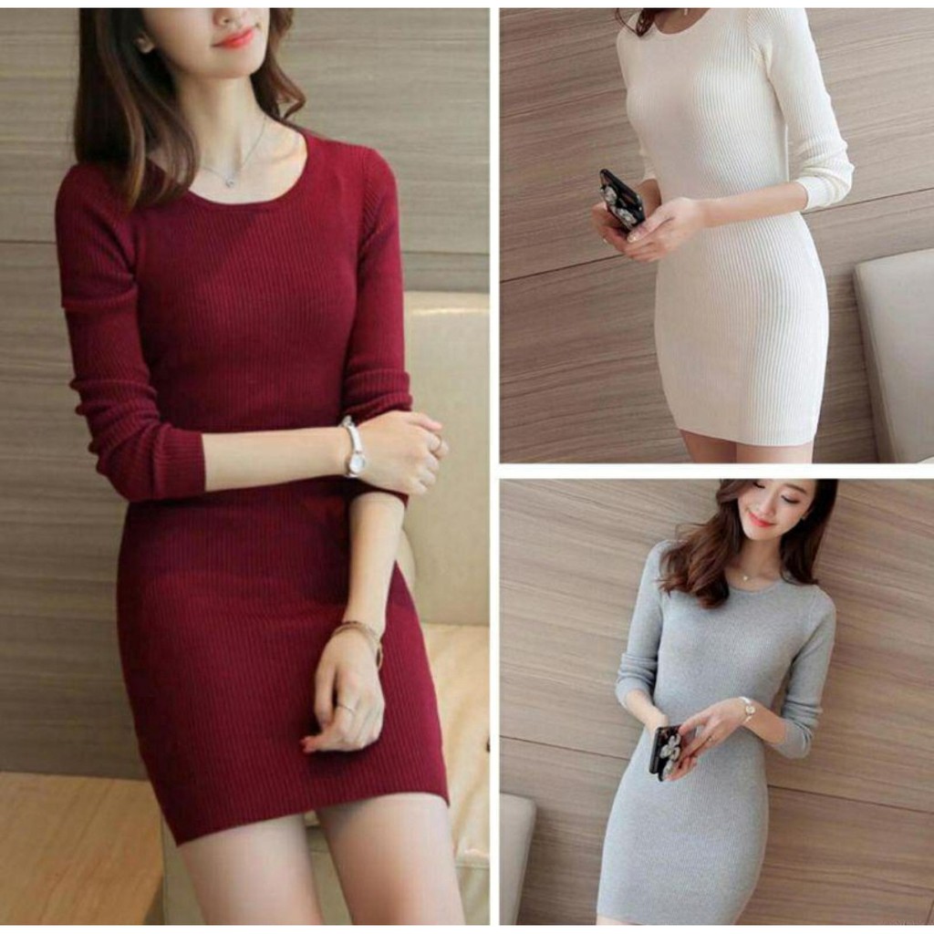 Váy Body Dài Tay dài cổ tròn Chất Thun Gân Đẹp