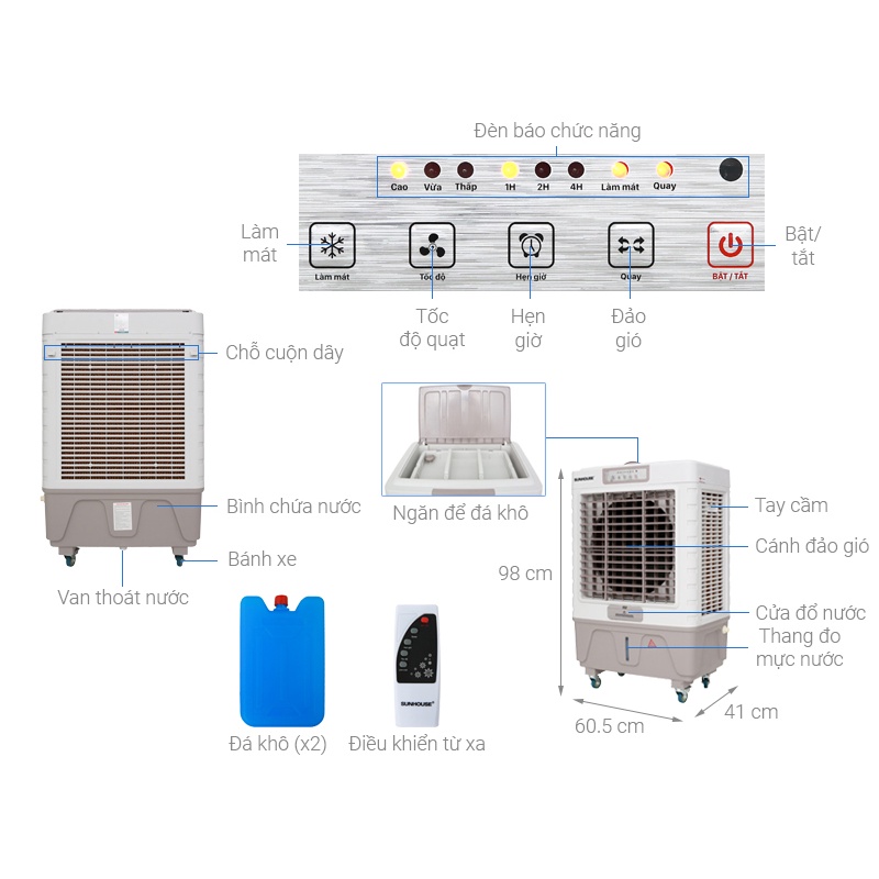 Quạt điều hòa Sunhouse SHD7746, máy làm mát không khí, quạt hơi nước - Hàng trưng bày chưa qua sử dụng