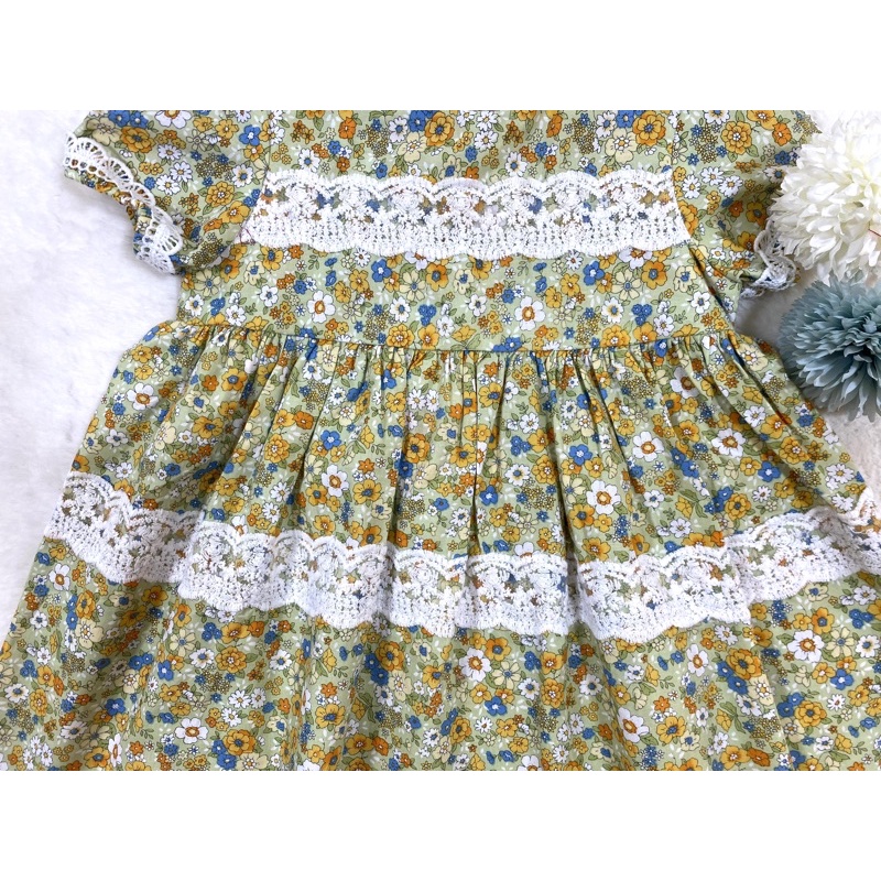 Đầm bé gái,váy xòe trẻ em phối ren ,BITIKIDS, họa tiết hoa nhí xanh kate cotton size 0 đến 5 tuổi.