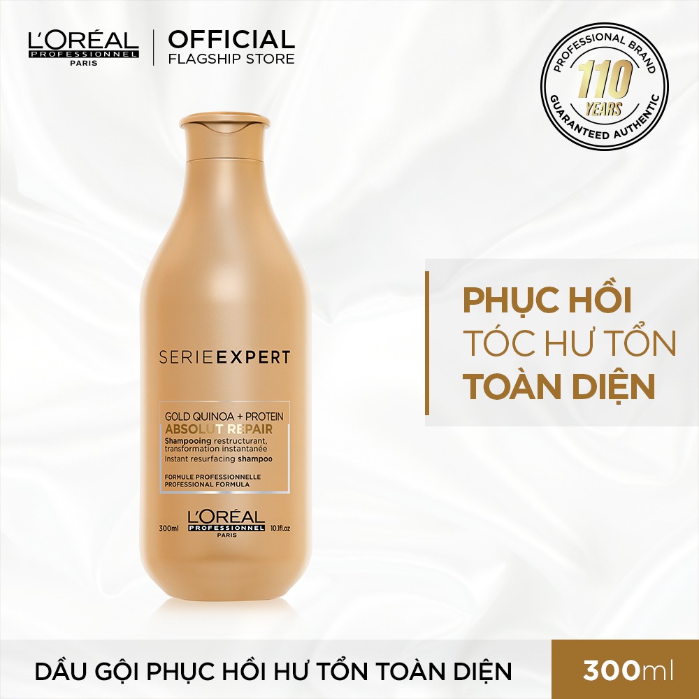 Combo dầu gội, hấp dầu nhũ vàng và xịt dưỡng đa năng Loreal Gold Quinoa + Protein Absolut Repair 300ml