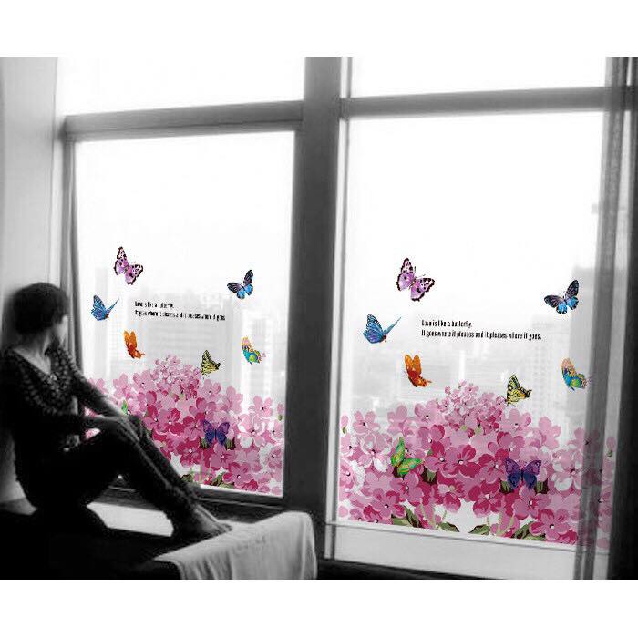 Decal trang trí kính cao cấp mẫu hoa bướm hồng (58x60cm)