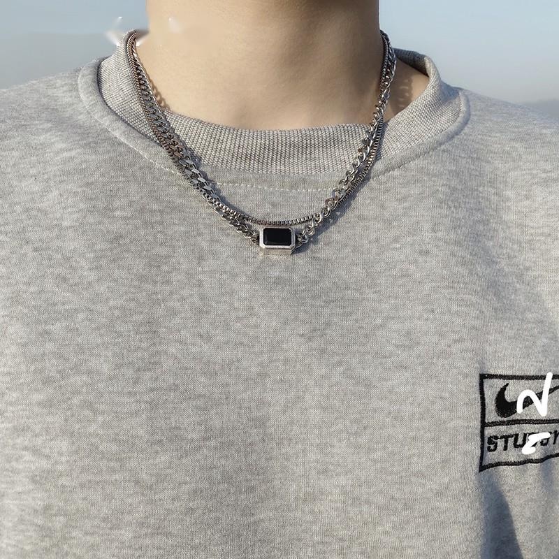 Vòng Cổ Hai Lớp Bằng Thép Titan Màu Đen Thiết Kế Hình Học Sang Trọng Cổ Điển Cho Nữ