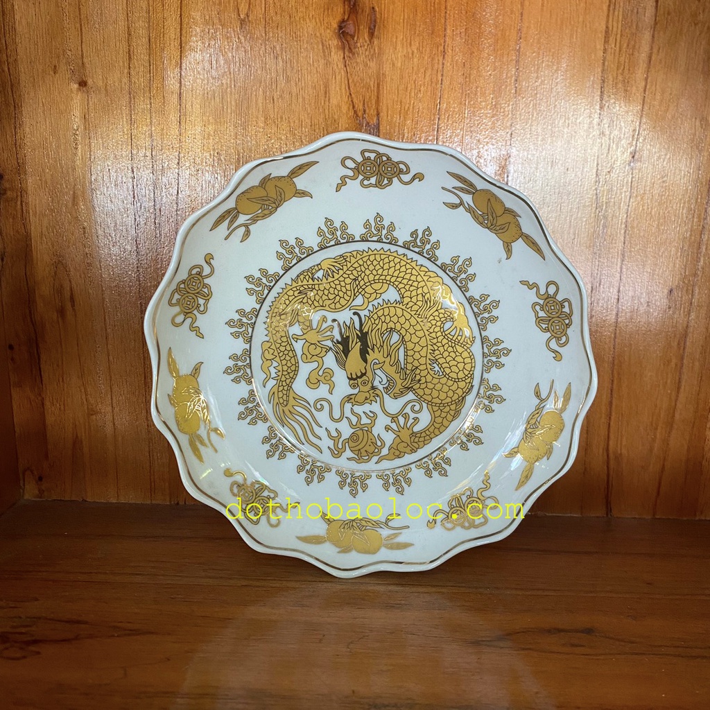 Đĩa sứ họa tiết trắng rồng vàng 4 cỡ ĐK: 15cm, 17cm, 19cm, 22cm