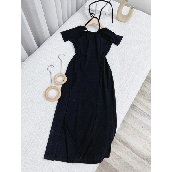 Đầm Body Nữ Cổ Yếm Dự Tiệc Ôm Xẻ Tà Cách Tân Quyến Rũ, Váy Đi Tiệc Hở Lưng Sexy Sang Trọng . Đầm MIDI