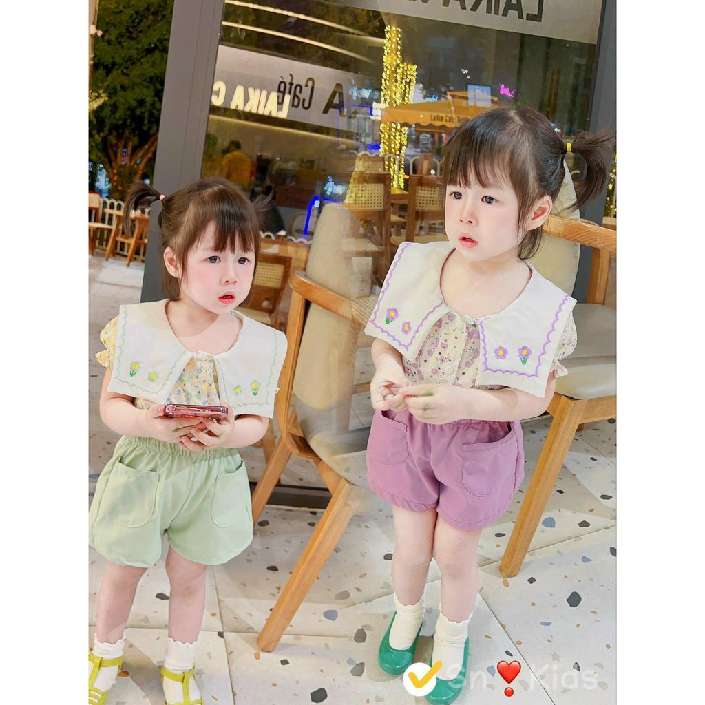 Quần áo bé gái, set bộ áo thô hoa cổ vuông thêu bản to phối quần đùi thô bổ túi cho bé 12-30kg