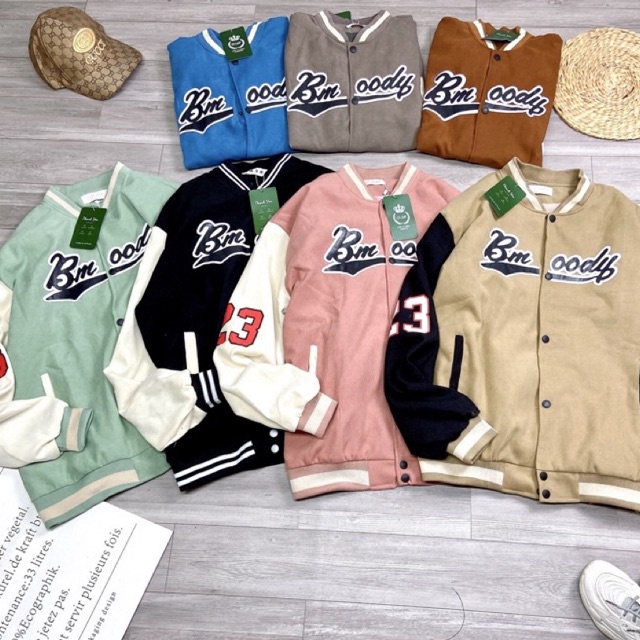 Áo Bomber Nhung Tăm 2 Lớp Áo Khoác Bóng Chày Thể Thao Số 23 Dáng Thụng Rộng