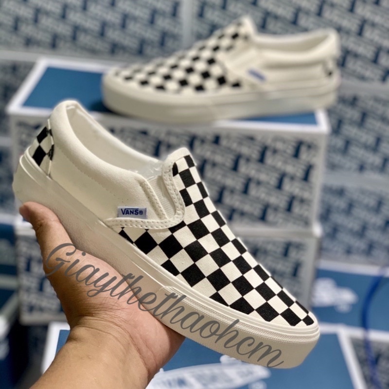 Giày Thể Thao Vans Caro Trắng Chuẩn  Box Xanh Nam Nữ Đẹp Xinh