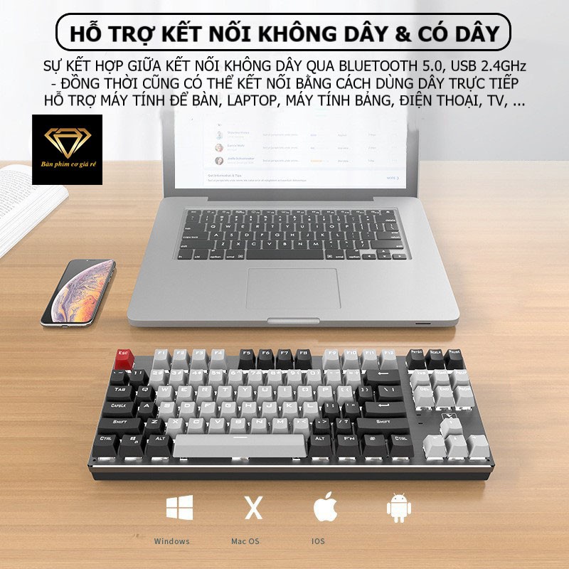 Bàn phím CƠ Bluetooth Không Dây Pin Sạc K950 LED đẹp, phím blue switch cho máy tính pc laptop, điện thoại, máy tính bảng