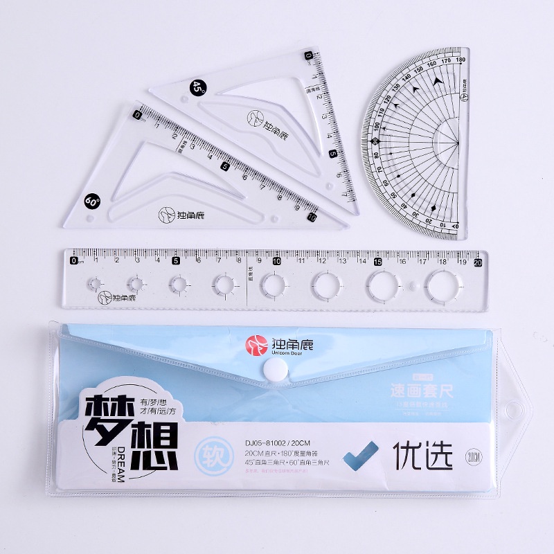 Bộ thước kẻ nhiều món MODINA, Thước eke các loại kèm túi đựng cute